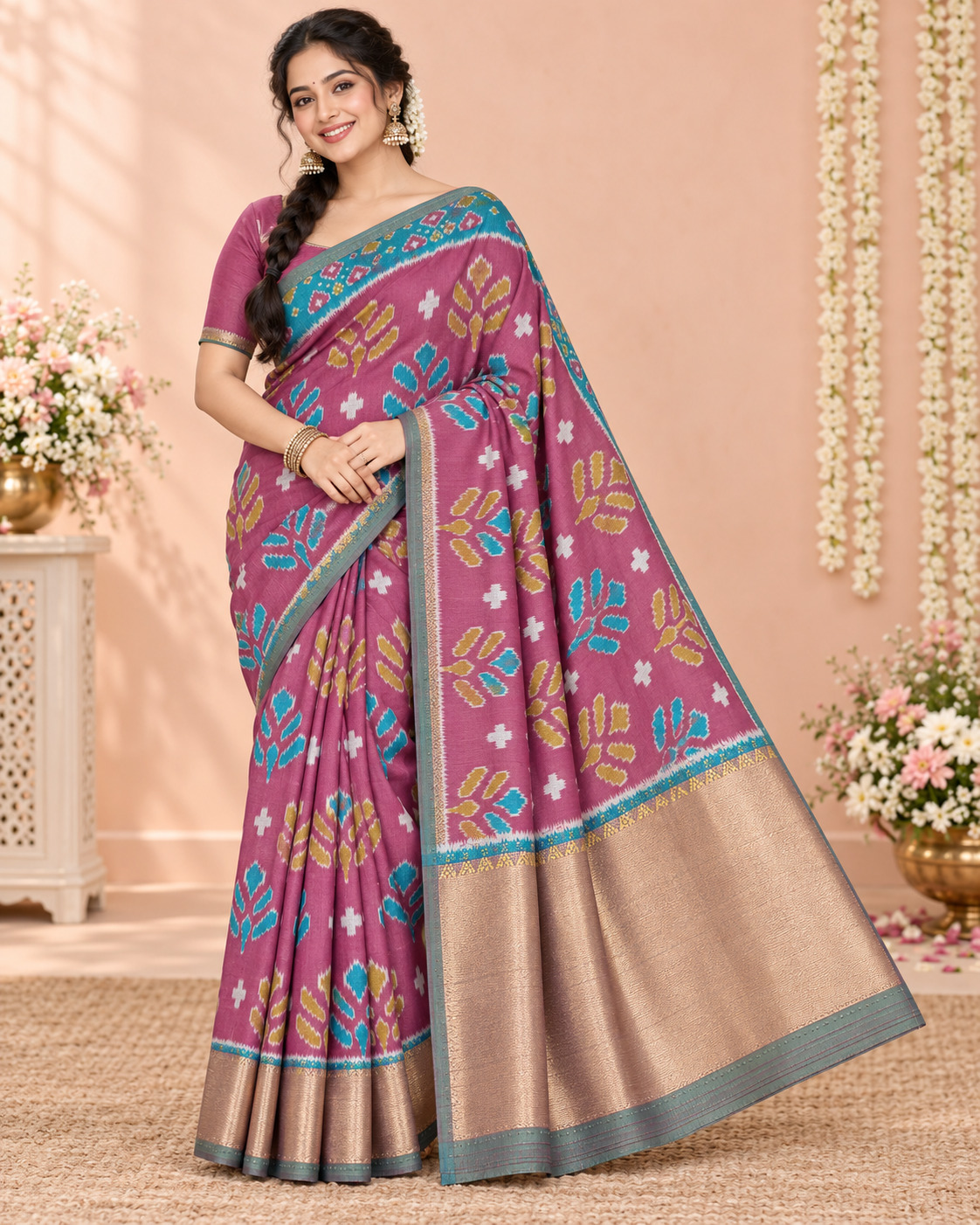 Model wearing a mauve saree with teal patterns and a metallic border