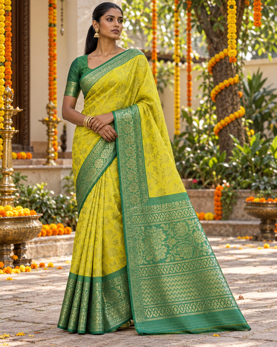 Model wearing a lime yellow saree with a deep green border
