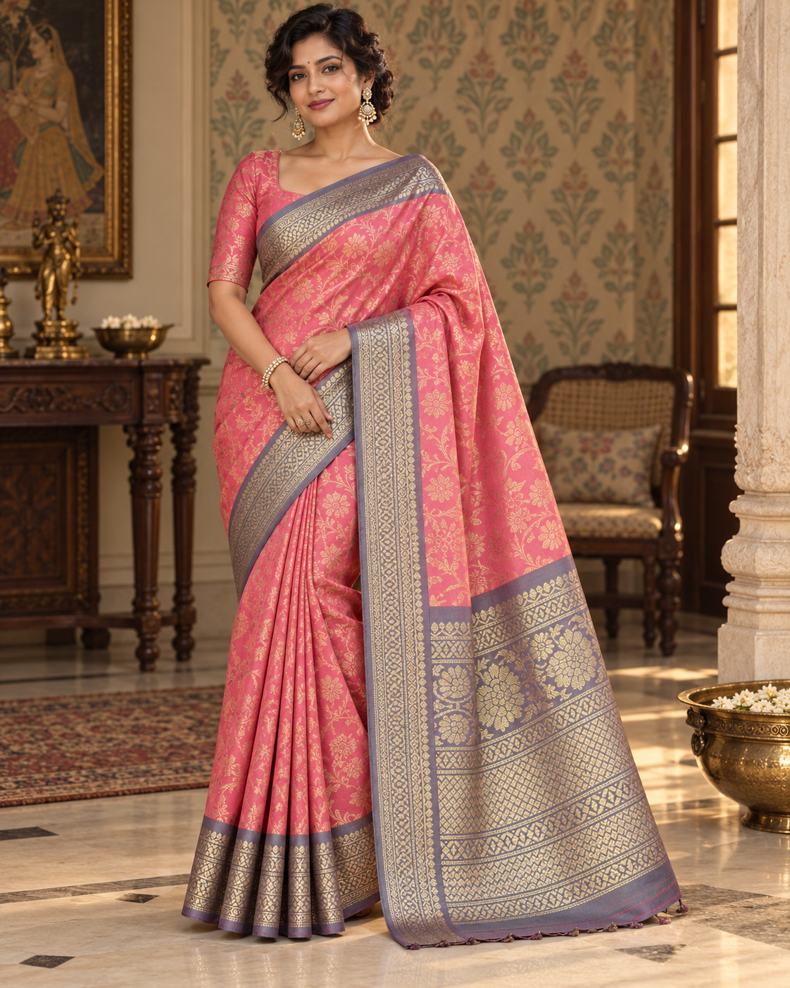 Model wearing a blush pink saree with a slate blue and gold border