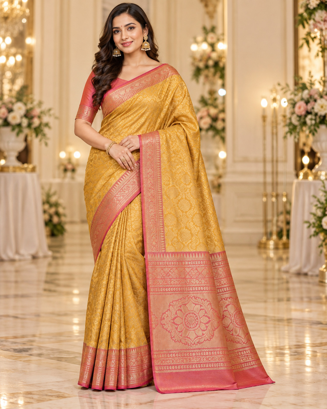 Model wearing a golden yellow saree with a rose pink border