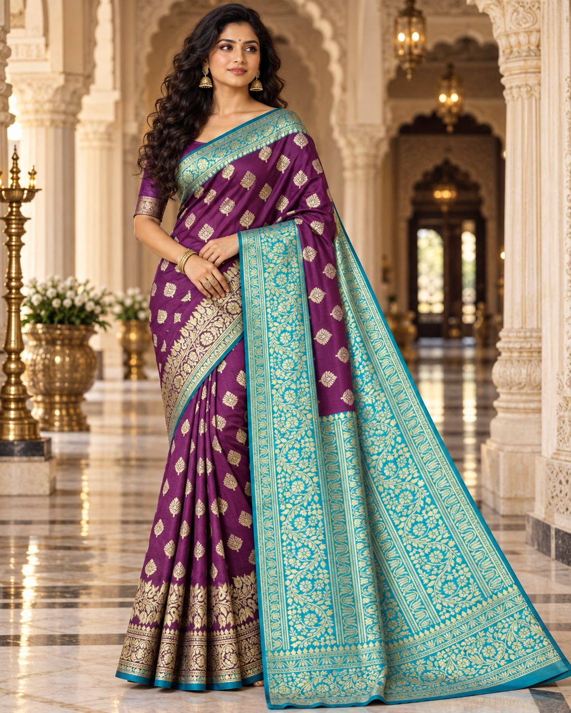 Model wearing a plum saree with a turquoise and gold patterned border
