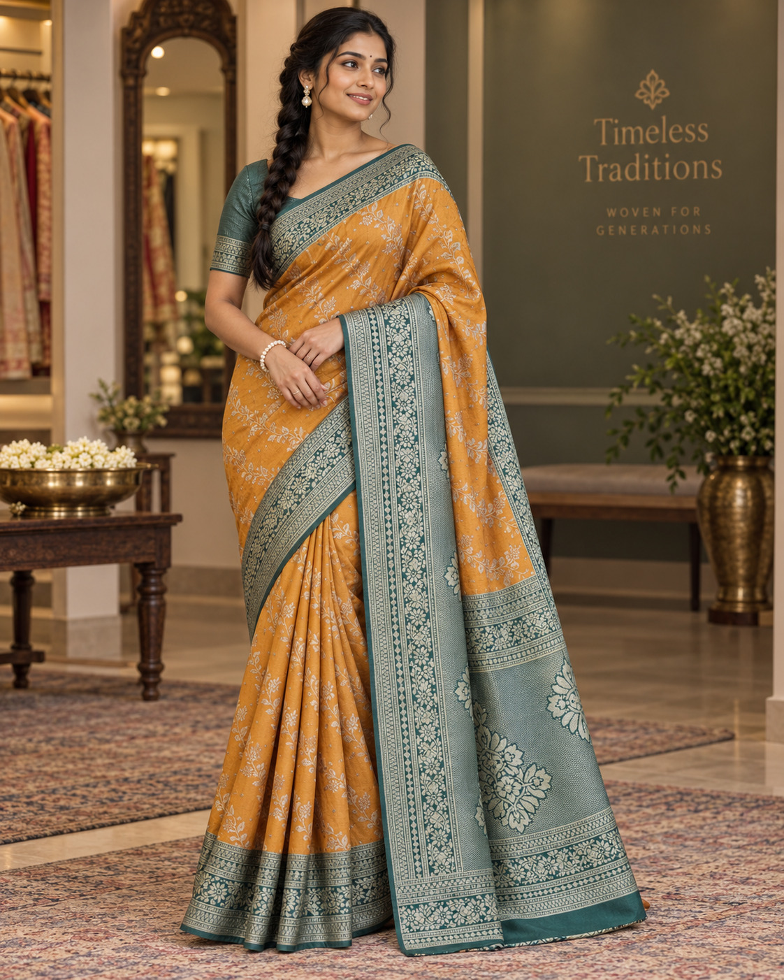 Model wearing an amber saree with a teal patterned border