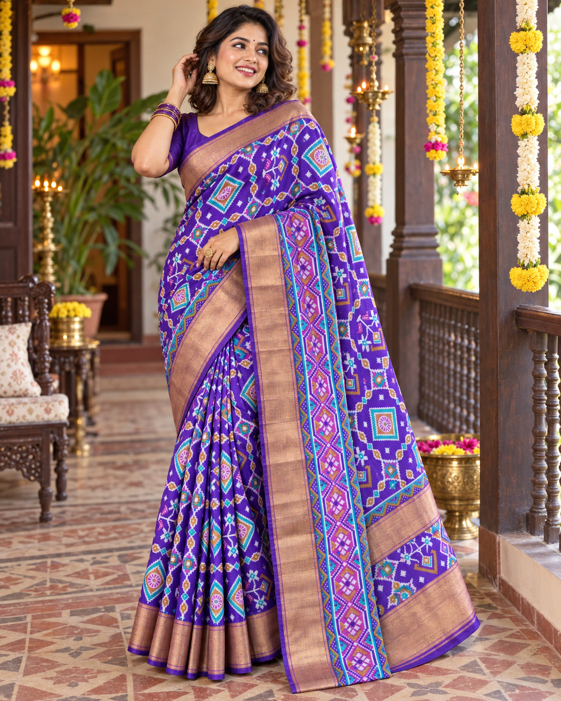 Model wearing a violet saree with colourful patterns and a gold border