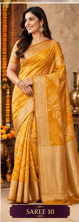 Model wearing a golden mustard saree