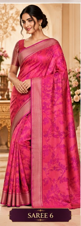 Model wearing a rich fuchsia pink saree