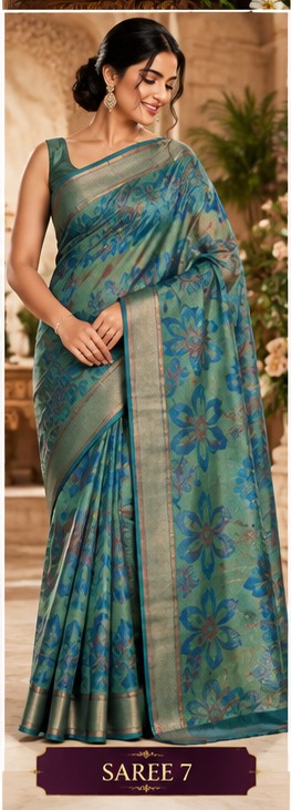 Model wearing a teal floral saree