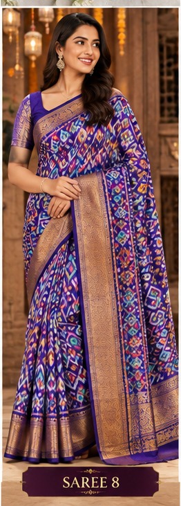 Model wearing a royal blue geometric saree with a gold border