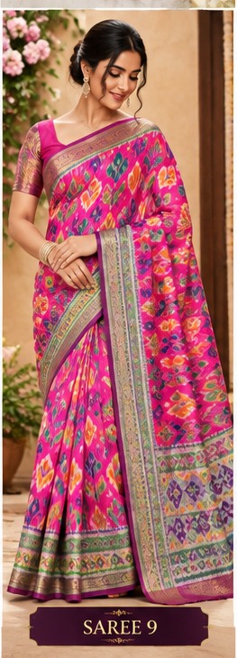 Model wearing a vibrant pink patterned saree
